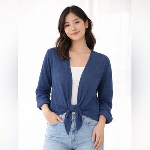Navy Blue Crinkle Tie-Front Crop Top Cardigan